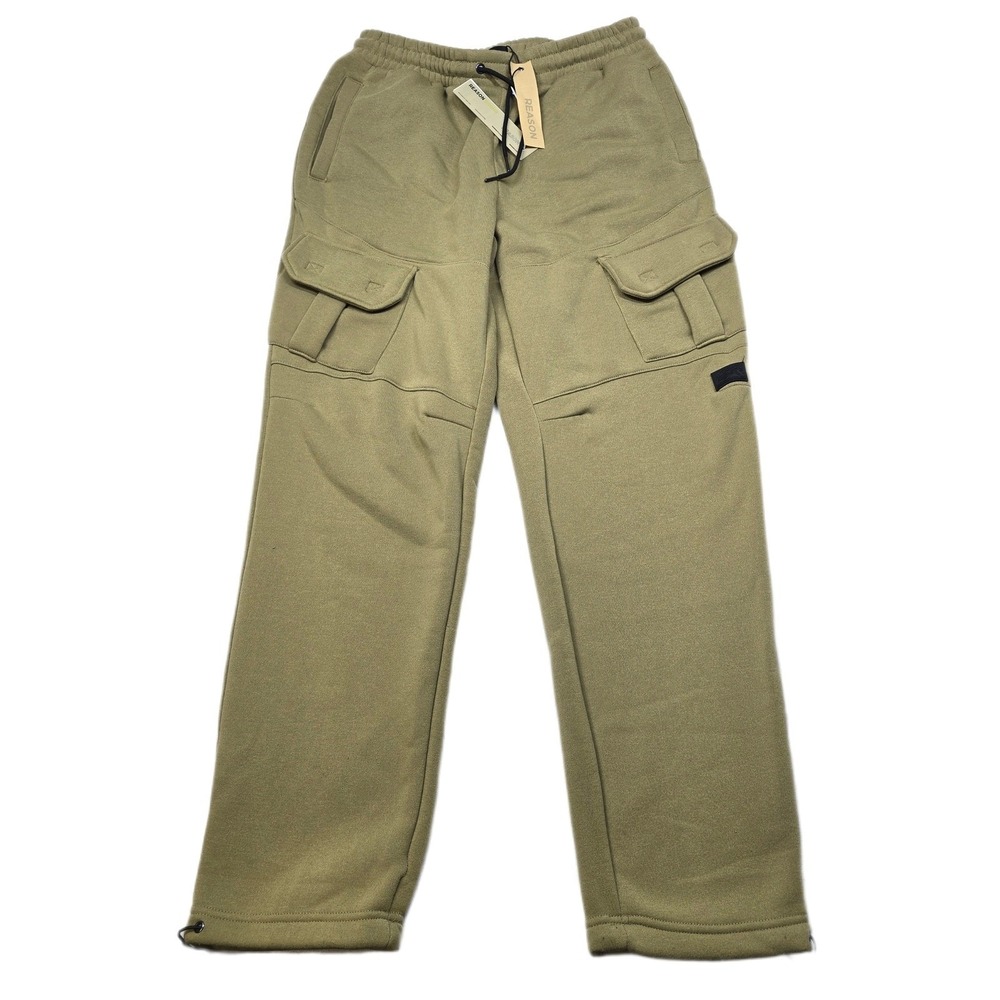 REASON Khaki Cargo Jogger‎ Sweatpants Mens Large Waist Pockets Fleece NEW